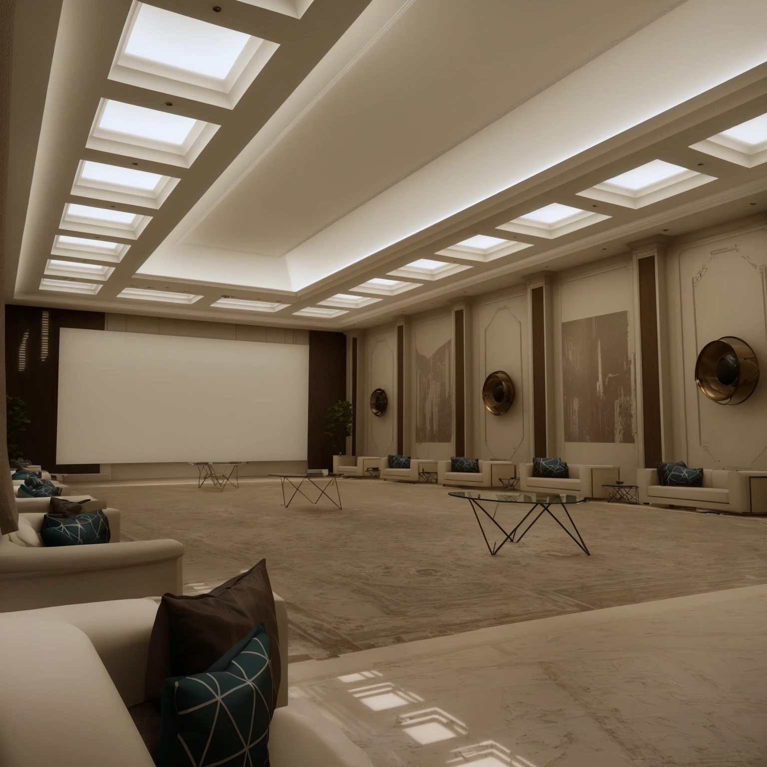 there is a room with a lot of chairs and a projector screen, cinematic accent lighting, volumetric and perfect lighting, rendered in unreal engine 6, 8k. volumetric lighting, unreal 5 engine highlly render, rendered in unreal engine 5, volumetric lighting 8 k, cinematic rendering, unreal engine realistic render, highly detailed render, architectural visualization