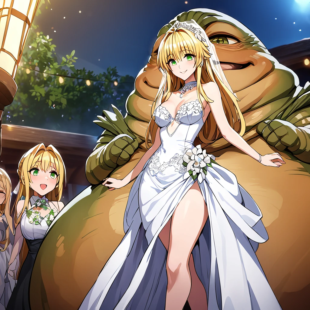 ((Highest quality)), ((masterpiece)), (detailed), （Perfect Face）、The woman is Tiare, with green eyes, medium-length blonde hair, an iron collar, and is wearing a gorgeous, jeweled vintage wedding dress and a vintage wedding veil. The woman is standing next to Jabba the Hutt at his hideout for the wedding.、Jabba the Hutt is holding a woman in his arms and having a wedding、The woman loves Jabba the Hutt and looks at him with a gentle smile.