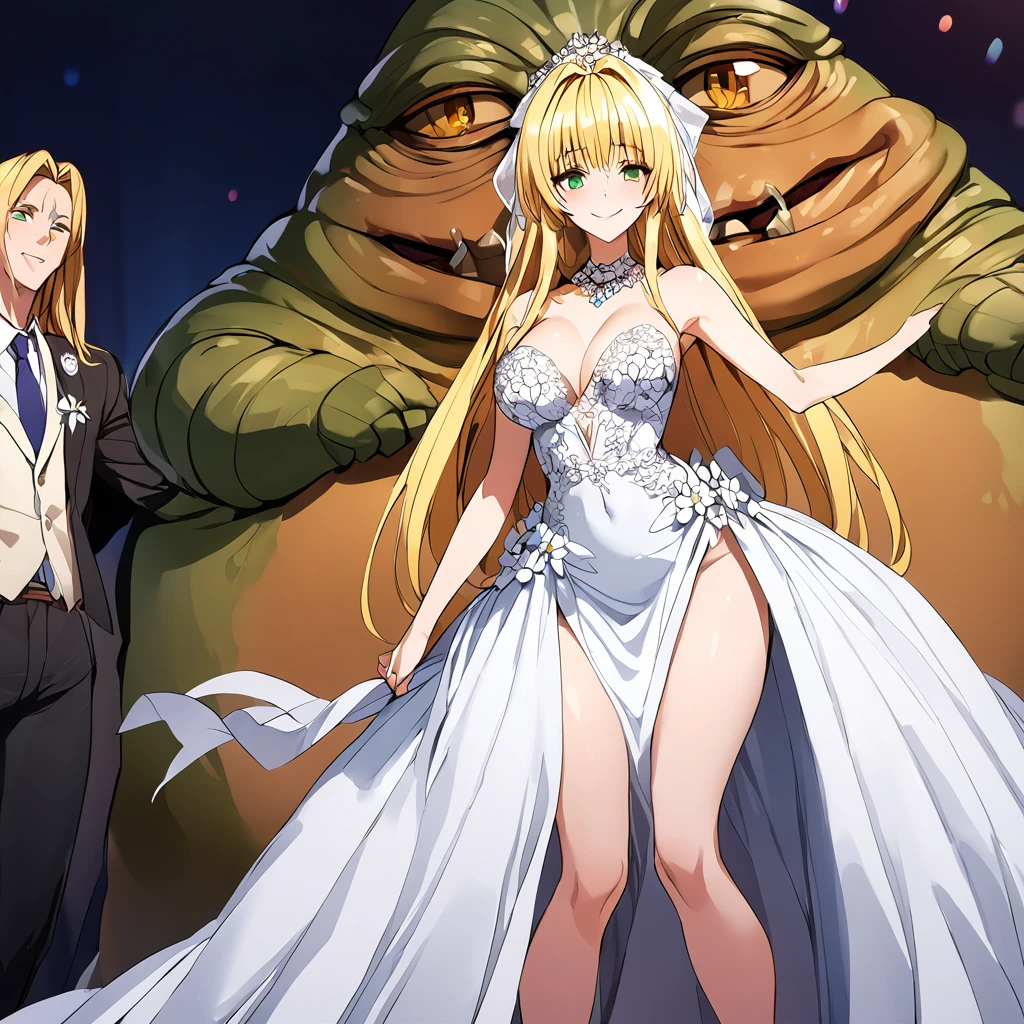 ((Highest quality)), ((masterpiece)), (detailed), （Perfect Face）、The woman is a member of the Hutt clan, Tearje the Hutt, with green eyes, medium-long blonde hair, an iron collar, and a gorgeous, jeweled vintage wedding dress and vintage wedding veil. She is picked up by Jabba the Hutt, who inserts his penis into her vagina and ejaculates a large amount of semen into her, as she moans with joy and reaches orgasm.、Jabba the Hutt picks up a woman, fondles her, and impregnates her、The woman loves Jabba the Hutt and looks at him with a gentle smile.