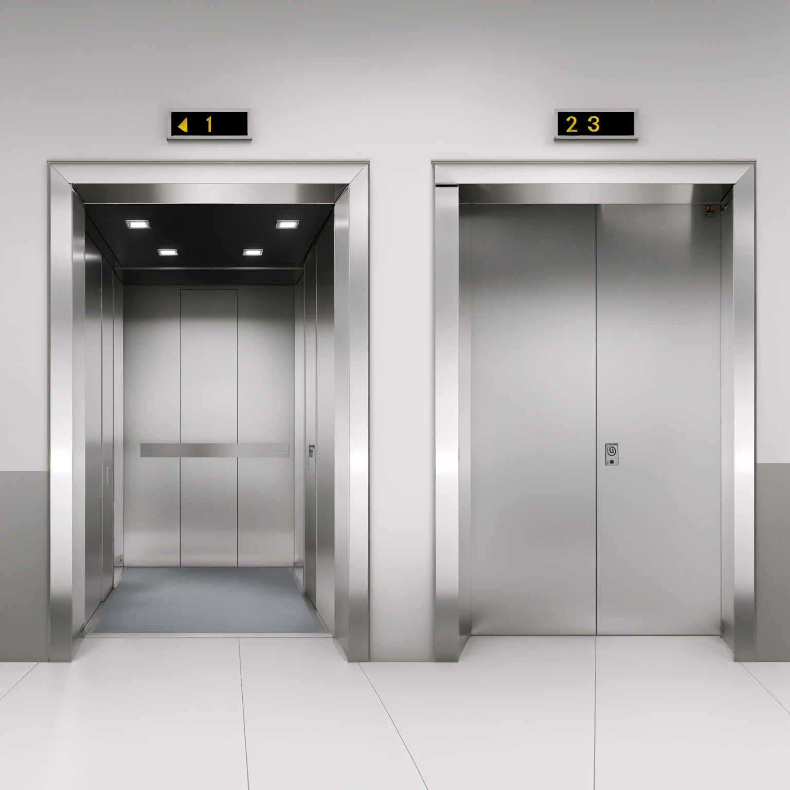 open elevator, closed elevator, ultra-realistic materials, Aluminum, realistic light, botones de Aluminum, carpet inside