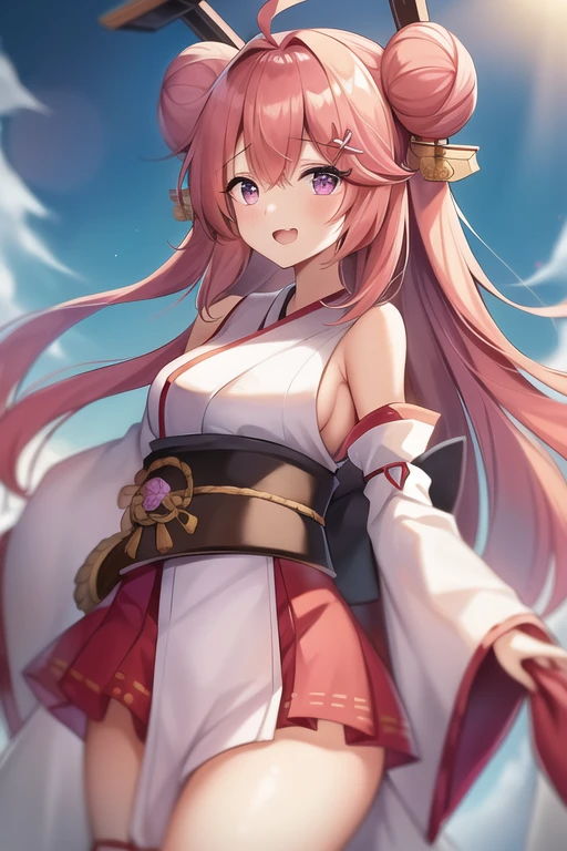 One girl, alone, Long Hair, King Kongu (Kantai Collection),Sakura Miko, Pink Hair, Double Bang, Purple eyes, Hair Bun, Ahoge, Open your mouth, Non-traditional Shrine Maiden, Removable sleeves, Brown eyes, White Background, (headgear):2, (Hair Bunド):2, smile, Sleeves edged with ribbon, Simple Background, kimono, Ribbon trim, View your viewers,  username, Upper Body, Wide sleeves, :d, King Kong