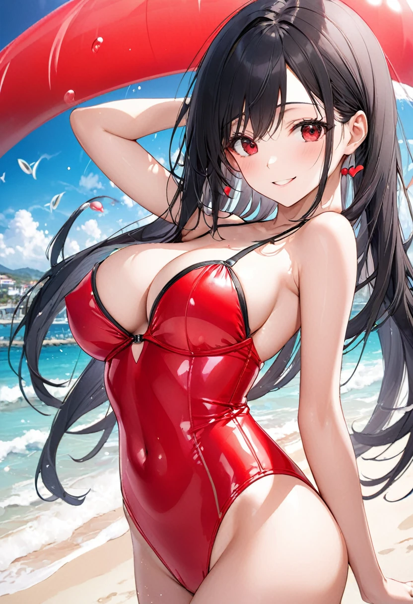 (pov Swimwear style) (beautiful body), (solo:2, 18 yo, straight black hair long hair cool girl, cool red eyes, ecstasy smile, love mode, big tits), (in a Double exposure red one piece bustier swimsuit), break, in the Swimsuit contest venue, background detailed beautiful Coast, BREAK, perfect anatomy, masterpiece, best quality, 16k, beautiful detailed love, sexy, daydreaming expression.