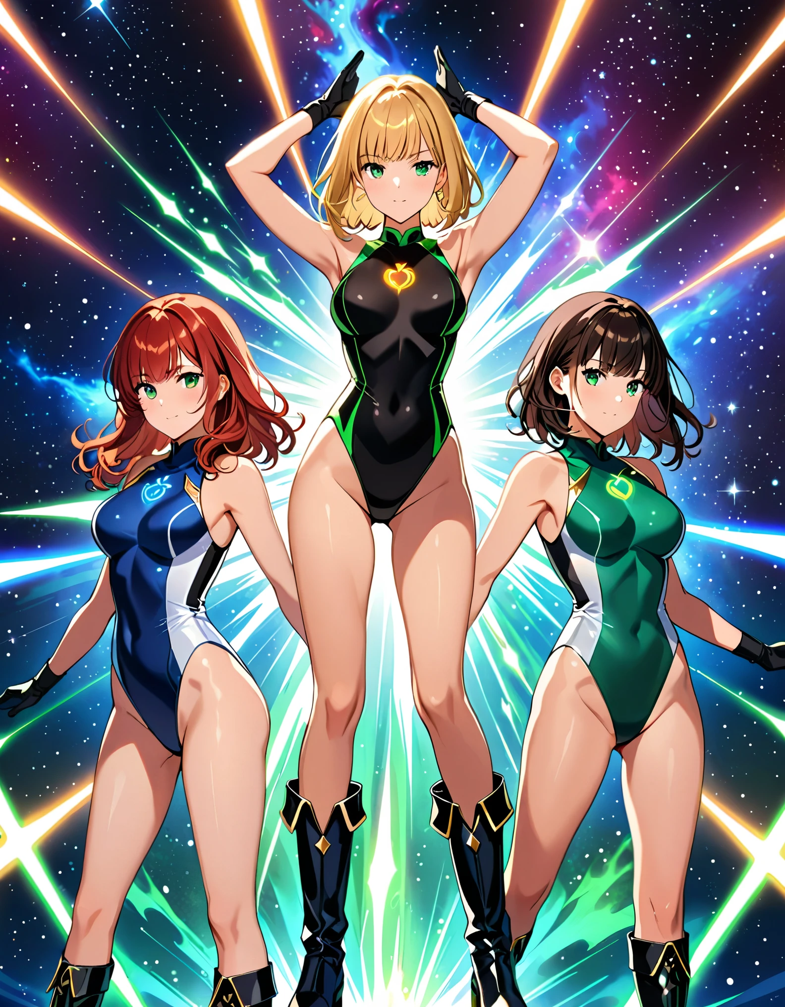 Create an image of three girls, each wearing a sleeveless leotard in different vibrant colors, bare legs, medium breasts, and (matching gloves and boots). The first girl in the left is a (blonde with bangs), and green eyes, wearing a (black leotard) with a (taurus\(astrological sign\) (symbol) on her chest). The second girl in the center is a redhead with bob hair and blue eyes, wearing a (green leotard) with a (taurus\(astrological sign\) (symbol) on her chest). The third girl on the right and rear is a (black-haired brunette with bangs), and hazel eyes, wearing a (blue leotard) with a (taurus\(astrological sign\) (symbol) on her chest). All three girls are standing together with legs apart and raised arms, each surrounded by a glowing aura. outer space backdrop, cowboy shot, serious. masterpiece, best quality, hires. diffraction spikes, light particles.