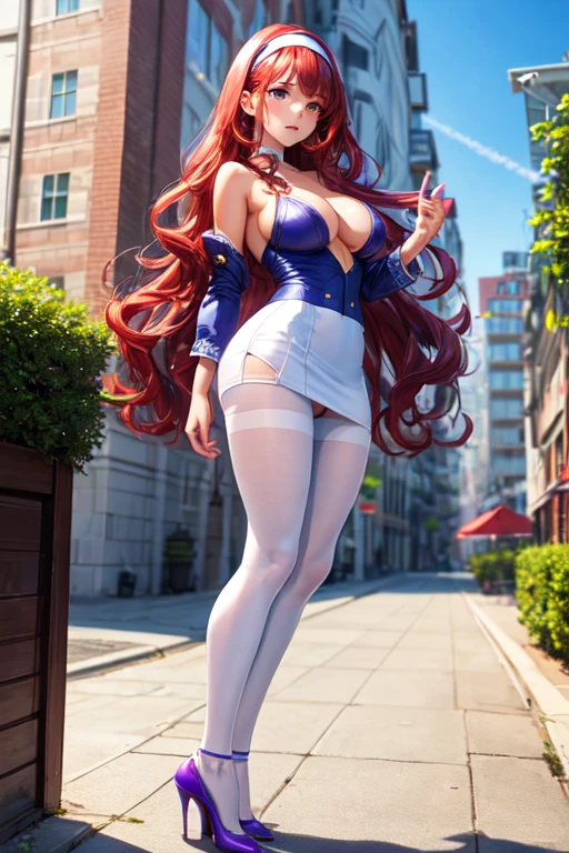((best quality)), ((masterpiece)), (detailed), 1girl, beautiful face, very long puffy curly red hair, head band, white miniskirt, purple pantyhose, high heels, sun shiny day