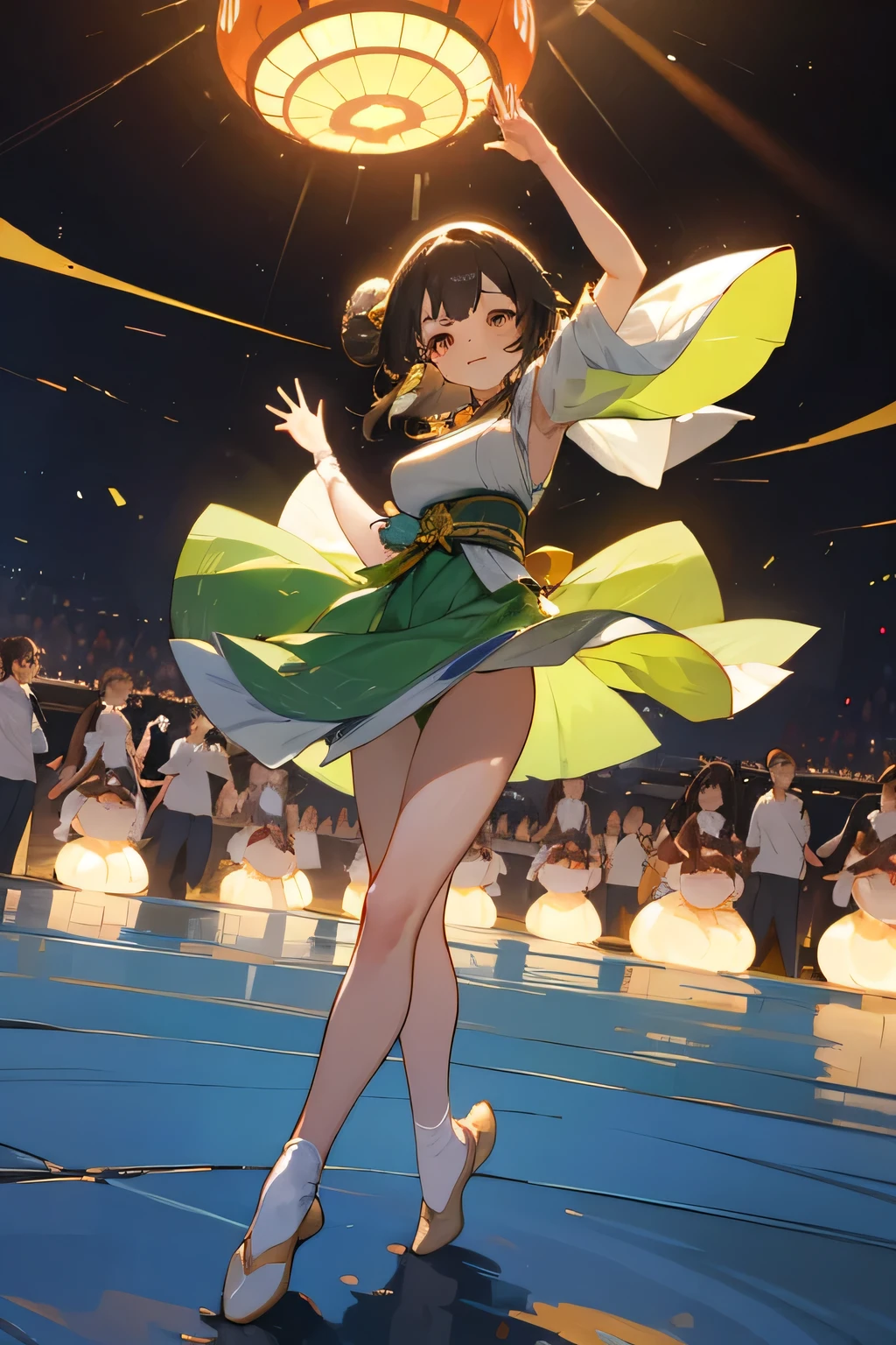 Highest quality、High resolution、Detailed Background、age beauty、Detailed face、Anatomically correct、(Normal number of fingers:1.2)、(Huge breasts:1.2)、cute hair color、Bun Hair、Perfect body line、(Lively girl dancing at the Bon Odori festival:1.5)、(Dance with your fingers together, hands together and raised high:1.5)、night、Festivals、A big smile、Cute patterned yukata、dancing lively、Waving your hands back and forth、Waving your hands left and right、Coordinated hand and foot movements、Traditional Japanese summer festivals、Bon Odori is held at night, so lanterns and other lights are lit up, creating a fantastic atmosphere.、cute