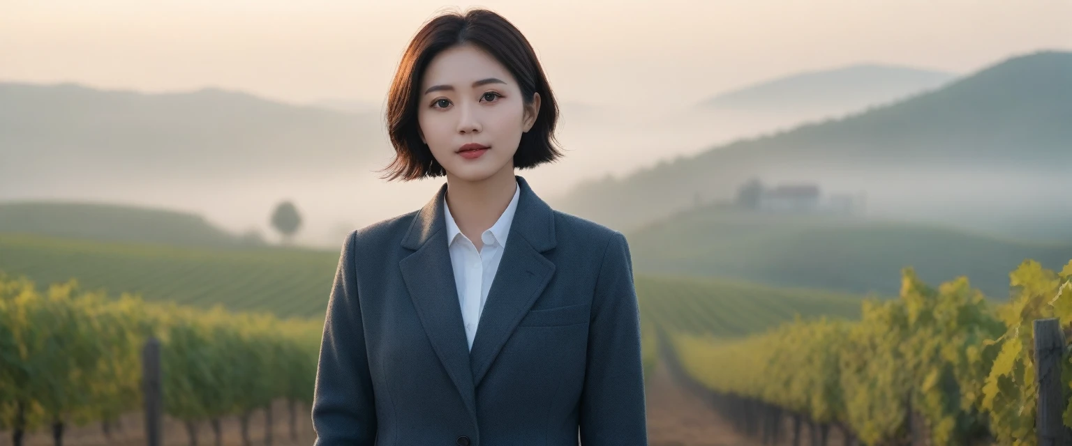 8k best picture quality, Beautiful 36-year-old Korean woman, Chest size 34 inches, The cathedral can be seen through the early morning fog past the vineyards in the Croatian countryside., The back background is realistic and vivid image quality, short and medium hair, Wearing a light jacket and casual pants,Perfect and realistic photos, The background is realistic. Full body shot with Canon camera 16-35 wide angle lens, expressionless, Standing on a vineyard hill covered in thick fog