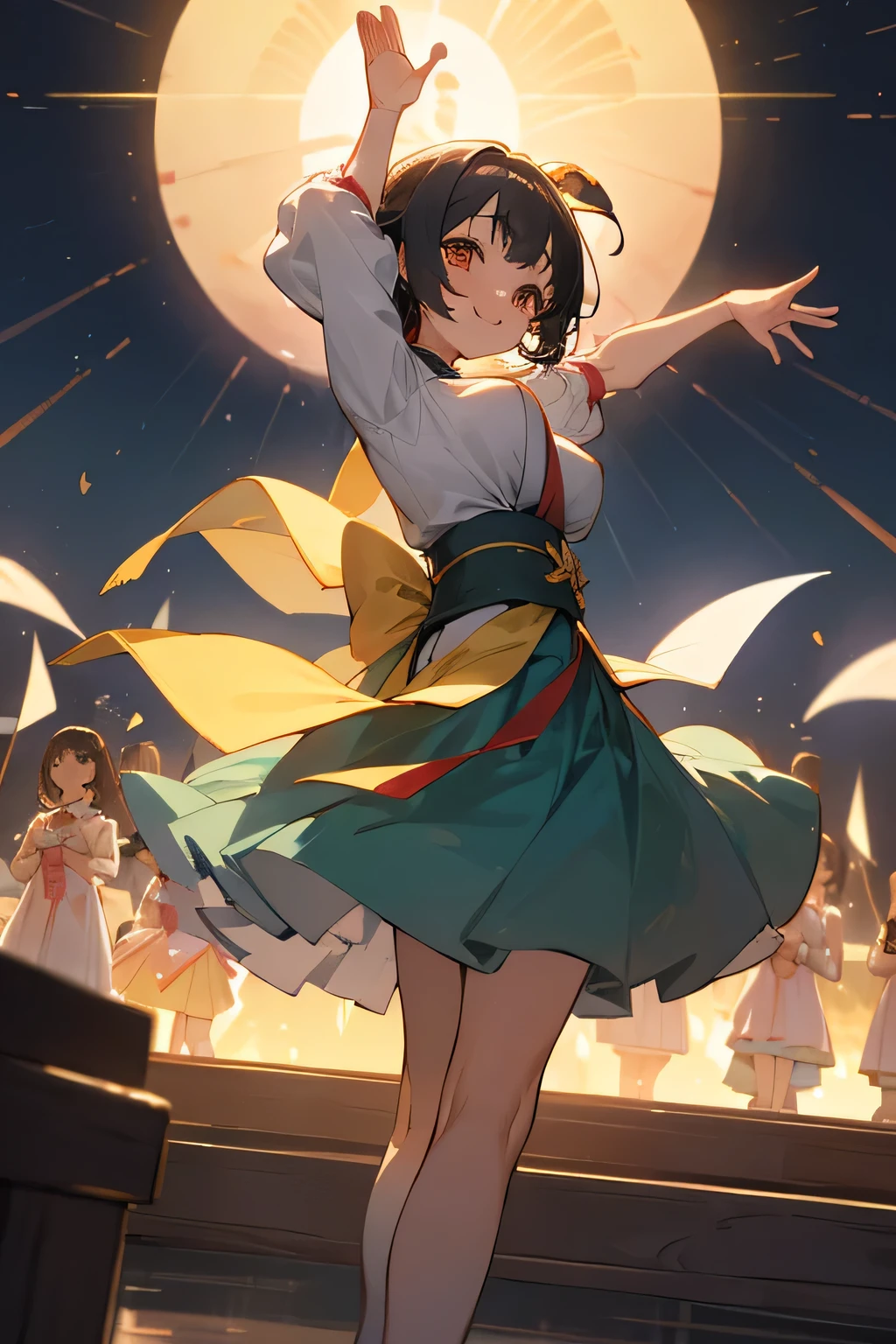 Highest quality、High resolution、Detailed Background、age beauty、Detailed face、Anatomically correct、(Normal number of fingers:1.2)、(Huge breasts:1.2)、cute hair color、Bun Hair、Perfect body line、(Lively girl dancing at the Bon Odori festival:1.5)、(Dance with your fingers together, hands together and raised high:1.5)、night、Festivals、A big smile、Cute patterned yukata、dancing lively、Waving your hands back and forth、Waving your hands left and right、Coordinated hand and foot movements、Traditional Japanese summer festivals、Bon Odori is held at night, so lanterns and other lights are lit up, creating a fantastic atmosphere.、cute