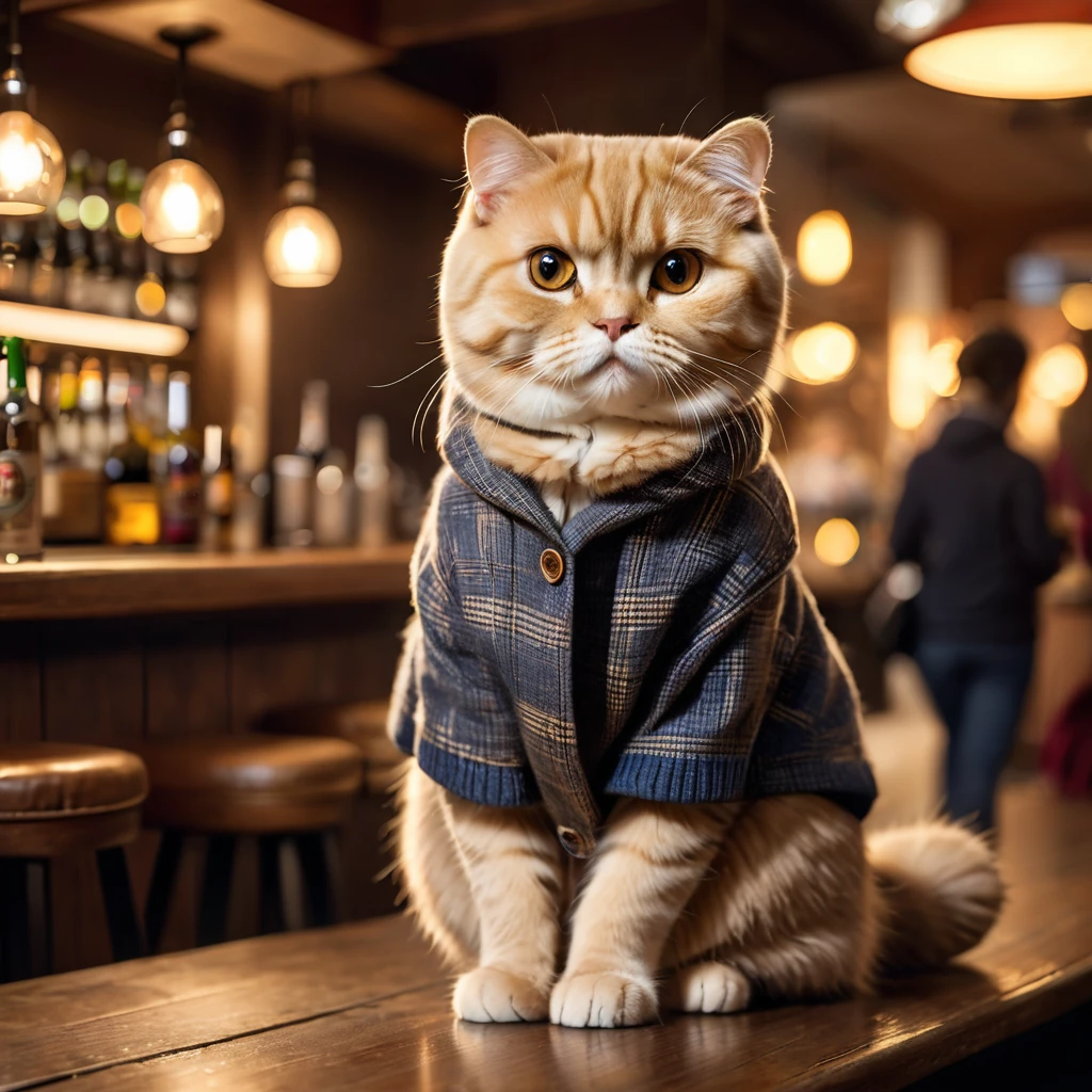 A golden Scottish Fold cat dressed in casual clothes walking into a cozy bar with a warm, inviting atmosphere.