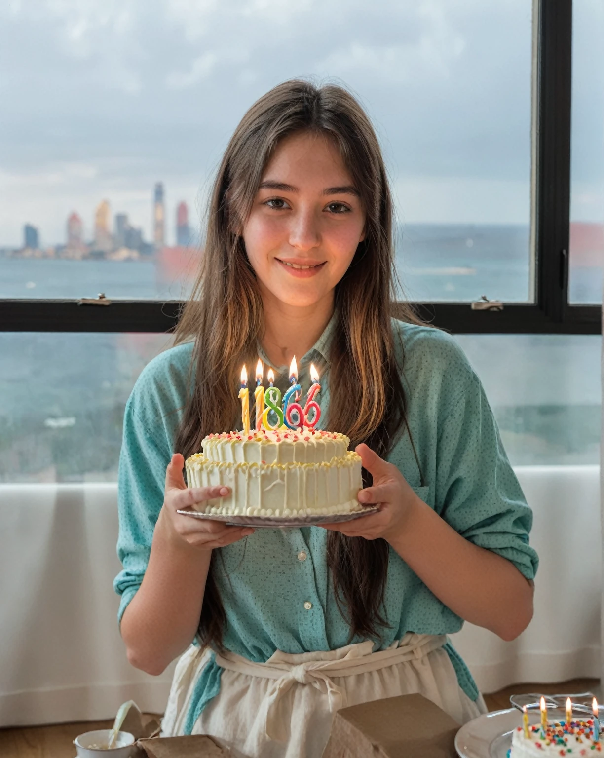 araffe woman holding a birthday cake with candles in front of a window, 18 years, 16 years old, 19 years old, 21 years, 19 year old girl, 23 years, 22 years, 28 years old, 24 years old, she is about 16 years old