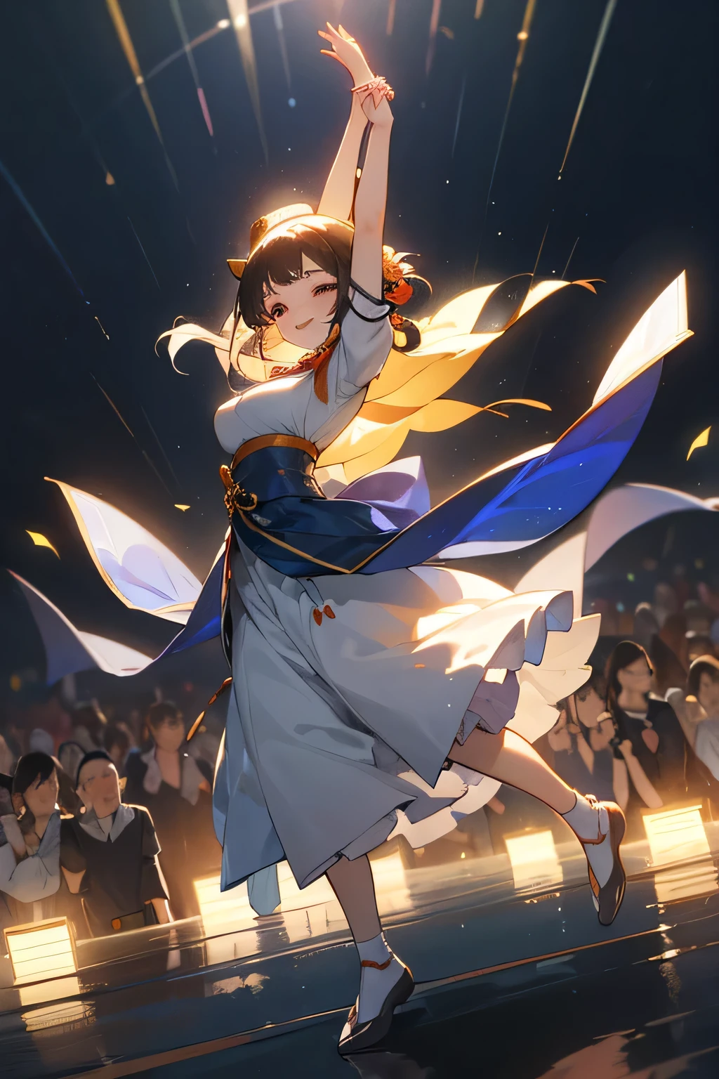 Highest quality、High resolution、Detailed Background、 beauty、Detailed face、Anatomically correct、(Normal number of fingers:1.2)、(Huge breasts:1.2)、cute hair color、Bun Hair、Perfect body line、(Lively girl dancing at the Bon Odori festival:1.5)、(Dance with your fingers together, hands together and raised high:1.5)、night、Festivals、A big smile、Cute patterned yukata、dancing lively、Waving your hands back and forth、Waving your hands left and right、Coordinated hand and foot movements、Traditional Japanese summer festivals、Bon Odori is held at night, so lanterns and other lights are lit up, creating a fantastic atmosphere.、cute