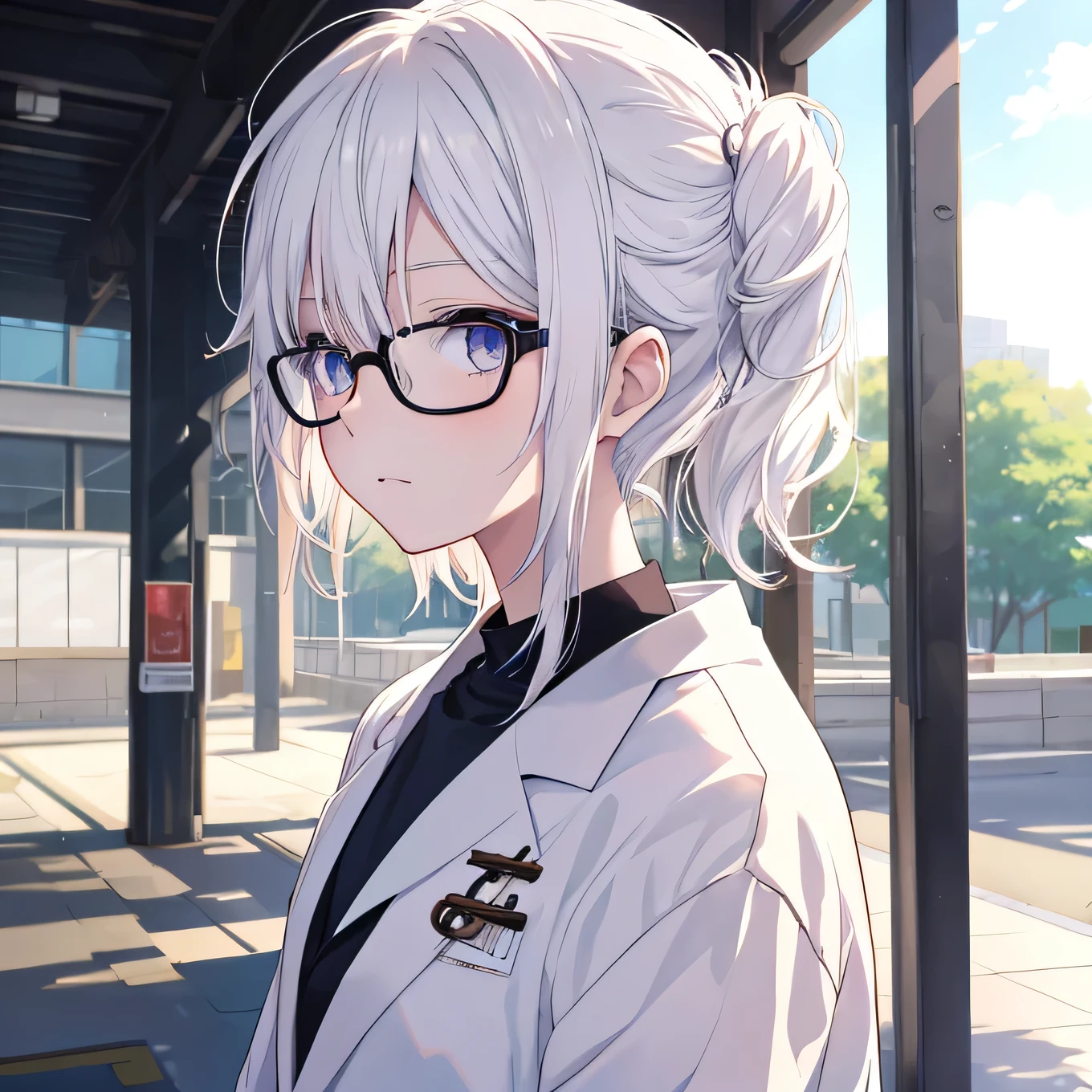 College girl wearing glasses, white dyed hair, White shirt, Back view, Sad face, tired, Station scenery, Portrait of Rofi, Digital anime illustration, Detailed digital anime art, Anime Portrait, Anime Moe Art Style, Realistic anime art style, Anime realism style, Semi-realistic anime style, Anime Character Portraits, High quality anime art style