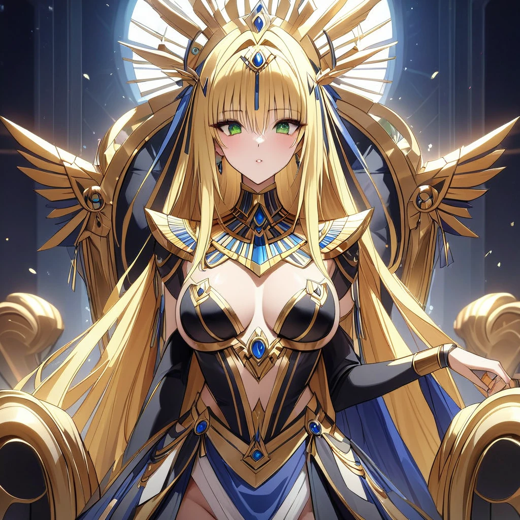 ((Highest quality)), ((masterpiece)), (detailed), (Perfect Face)、The woman is Queen Tiare of Egypt in the near future, with green eyes, medium-long blonde hair, wearing the luxurious costume of Egyptian royalty in the near future, and reigning on the throne of Egypt in the near future.