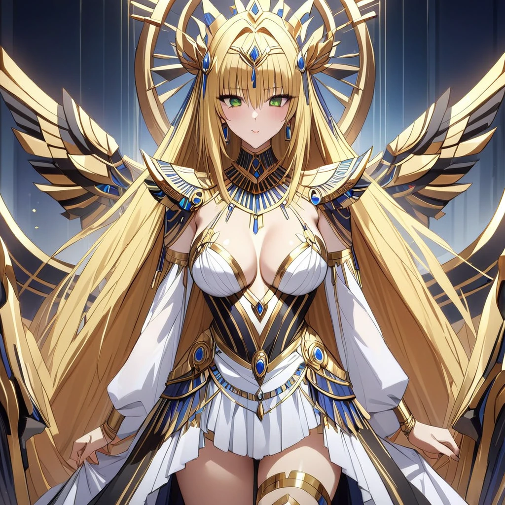 ((Highest quality)), ((masterpiece)), (detailed), (Perfect Face)、The woman is Queen Tiare of Egypt in the near future, with green eyes, medium-long blonde hair, wearing the luxurious costume of Egyptian royalty in the near future, and reigning on the throne of Egypt in the near future.
