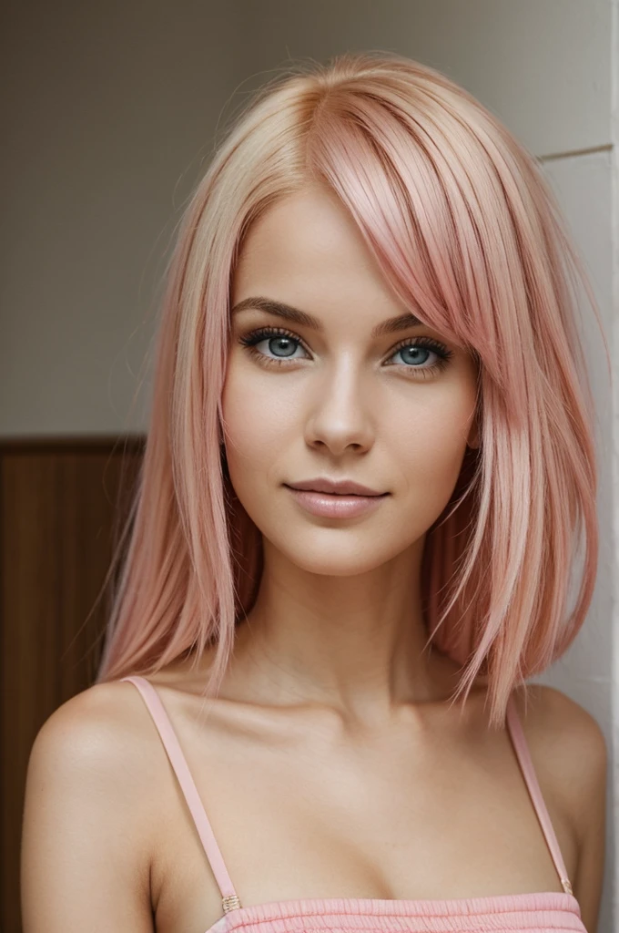 A slim, 23-year-old woman, naturally blonde and with pink hair