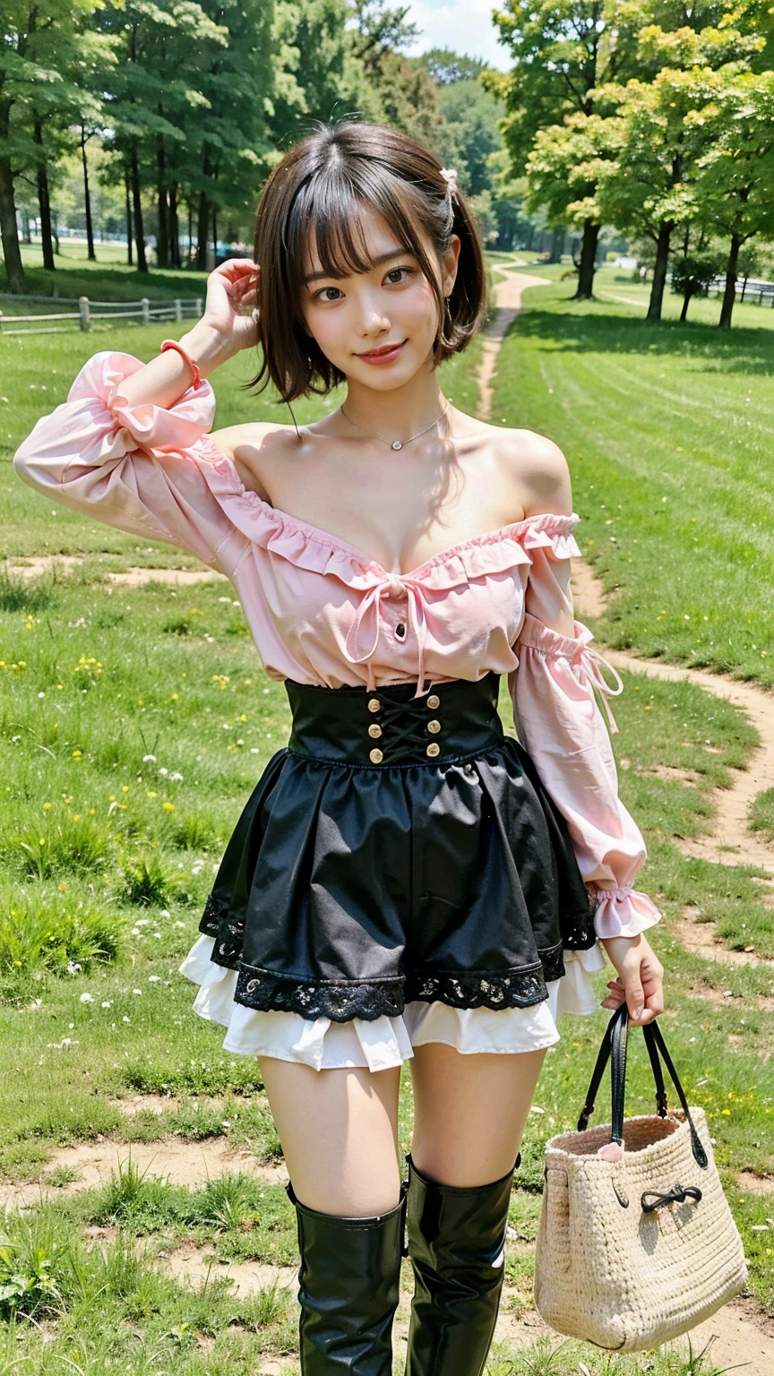 (8K、RAW Photos、Highest quality、masterpiece:1.2)、(Highest quality、Realistic)、1 Girl、((ribbon、Tube top、Off the shoulder、Medium Hair、Big Breasts、Breast enlargement、smile、Pink and black、Lace mini skirt、Thin legs、whole body、boots、garden、View from the front、Looking into the camera、Idol Costume、Stand with hands on hips))、cute