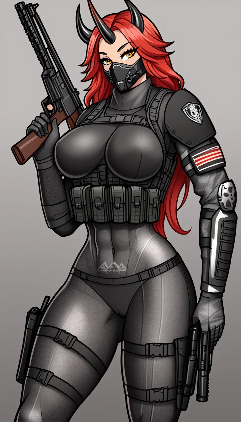 Modern Warfare Anime Style, beautiful Horned Bull Goddess Mercenary, long hair, curvy, Sleek Modern Armor, Shotgun Equipped), Horns, (Details: Extremely detailed, featuring fine lines and intricate patterns), (Armor: High-quality, (Shotgun: highly detailed, emitting a glint of light from its metallic surface), (Attachments: Tactical equipment and ammo pouches attached to the armor),
