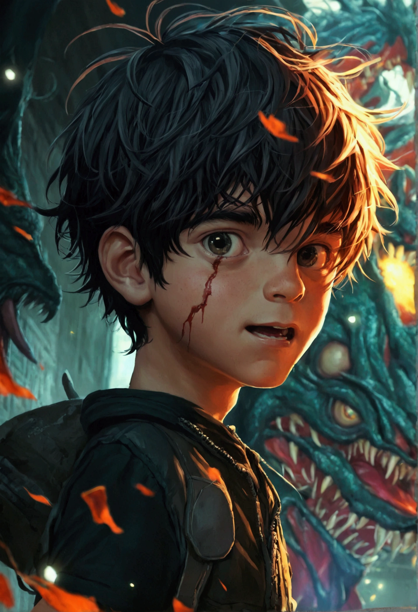 ((Best Quality)), ((Masterpiece)), (detailed), boy fights against monster, dark background