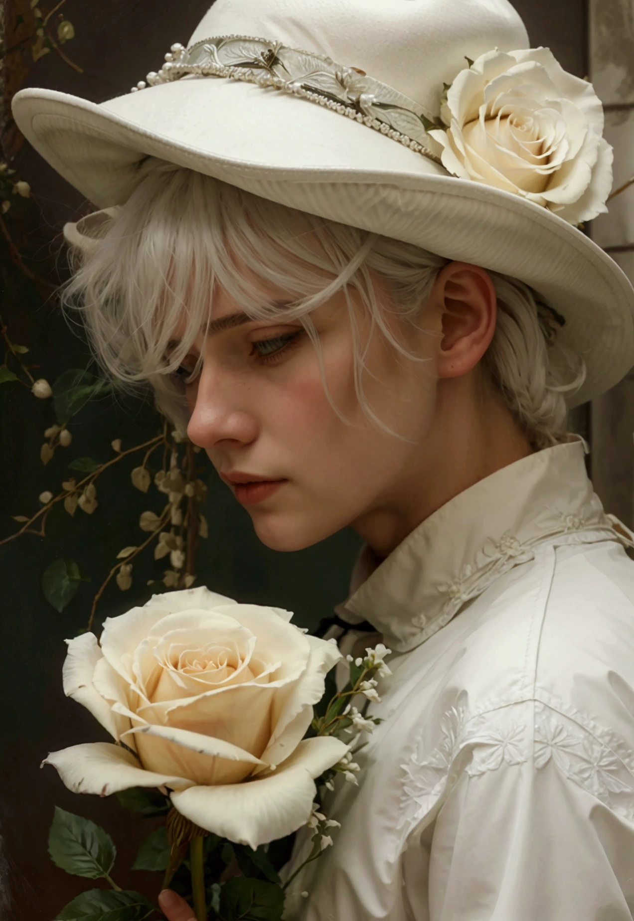 there is a man in a hat and coat holding a white rose, beautiful detailed white hair, inspired by Ivan Kramskoi, romanticism portrait, inspired by Eugene von Guerard, inspired by Théodore Chasseriau, inspired by Francesco Hayez, melanchonic white rose soft light, holding a white rose, inspired by Édouard Manet, inspired by Jean Jouvenet