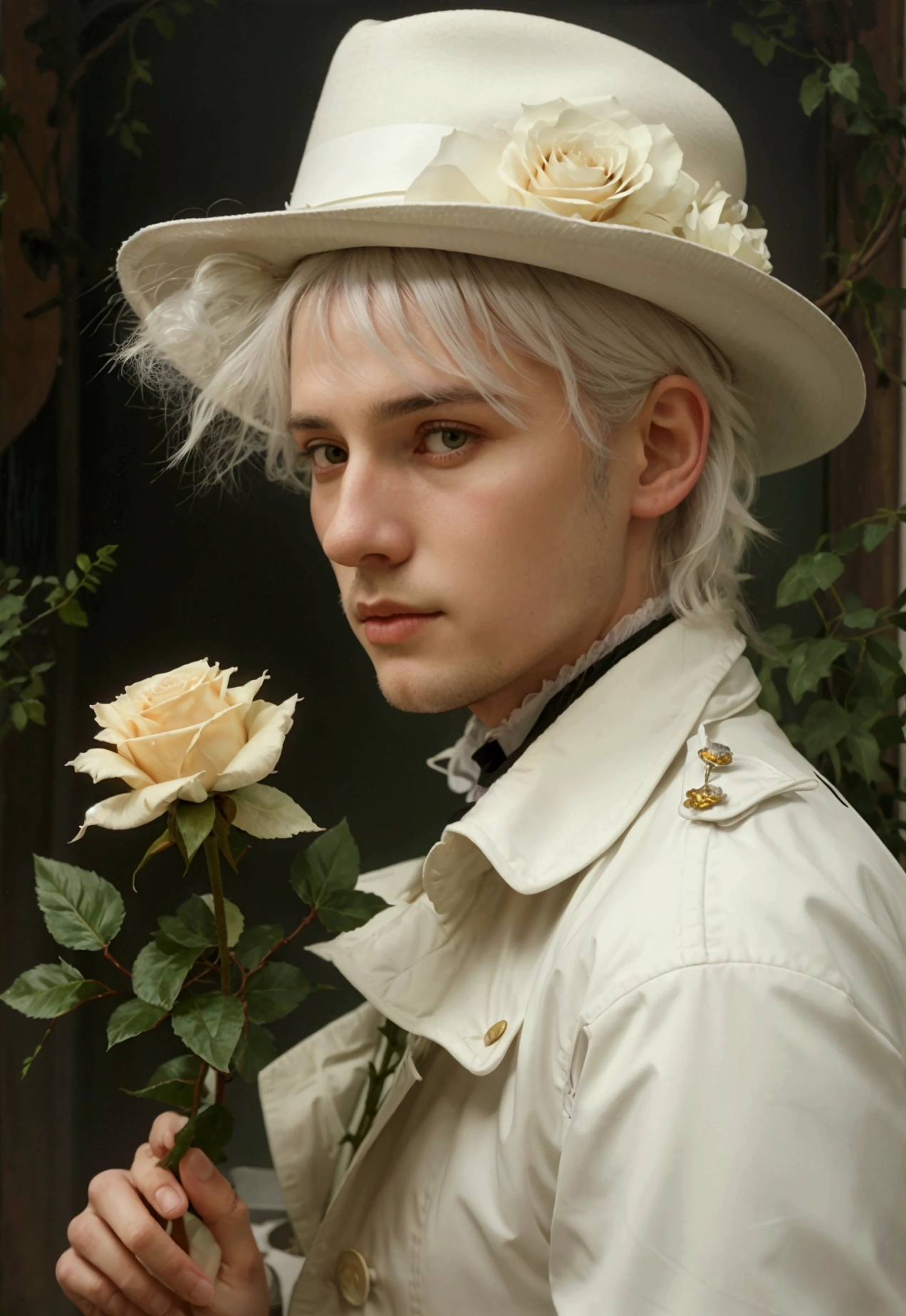 there is a man in a hat and coat holding a white rose, beautiful detailed white hair, inspired by Ivan Kramskoi, romanticism portrait, inspired by Eugene von Guerard, inspired by Théodore Chasseriau, inspired by Francesco Hayez, melanchonic white rose soft light, holding a white rose, inspired by Édouard Manet, inspired by Jean Jouvenet
