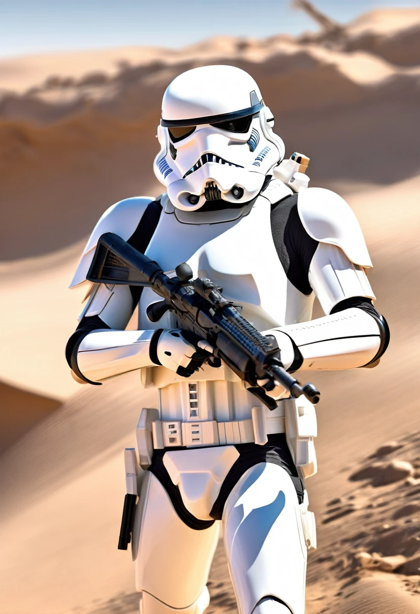 perfect hands, perfect finger,perfect anatomy, masterpiece, best quality,realistic, hyperrealistic, 16k hdr,1 mature female,,white Stormtrooper in Star wars,damaged white full face helmet,damaged white armor,large breasts,rifle