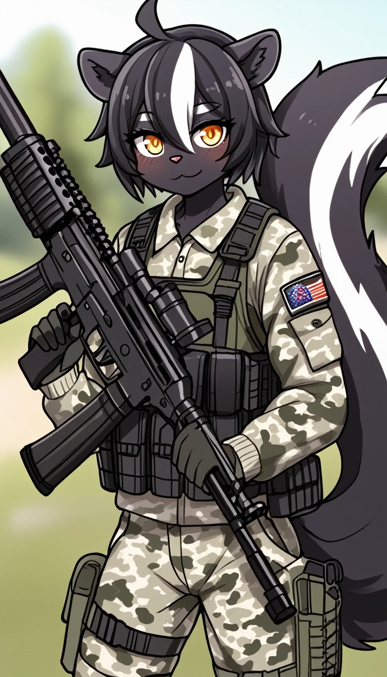 Kemono Modern Warfare Anime Setting: A Skunk Goddess Sniper Mercenary, (One Character), Features: skunk with distinctive black-and-white stripes, tactical sniper gear, camouflage outfit, sharp sniper rifle, plush tail), Skin Tone: Charcoal grey), (Eye Colors: Glowing emerald
