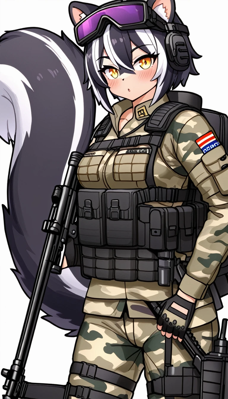 Kemono Modern Warfare Anime Setting: A Skunk Goddess Sniper Mercenary, (One Character), Features: skunk with distinctive black-and-white stripes, tactical sniper gear, camouflage outfit, sharp sniper rifle, plush tail), Skin Tone: Charcoal grey), (Eye Colors: Glowing emerald
