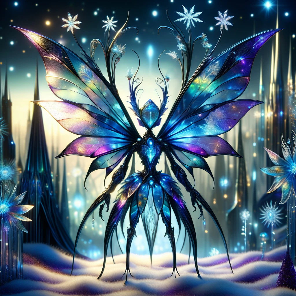 Superb masterpiece, dynamic, Great quality, Blue-purple midnight fairy, Small humanoid, Delicate and elegant appearance, Transparent iridescent wings, Pointy Ears, A playful and mischievous look, Nature-inspired clothing, Magic Accessories, nature, charity, Electrochromic Smart Glass Window Atlantis,A-Frame City,A fantasy flower in love,Sundog, very,Sparkling,Entertainment Center DonMFr0stP4nkXL, ice, snow, Frosted DonMT3chW0rldXL FrostedStyle