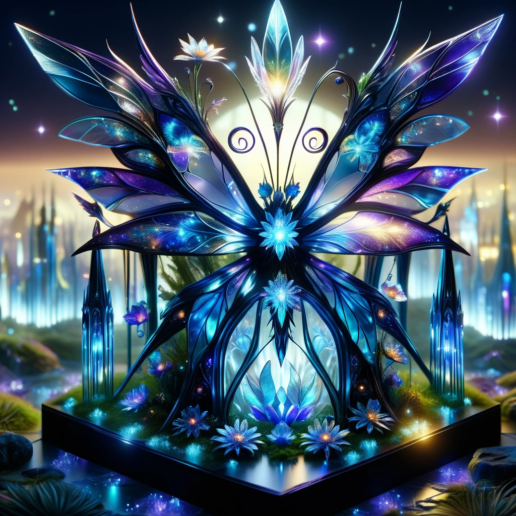 Superb masterpiece, dynamic, Great quality, Blue-purple midnight fairy, Small humanoid, Delicate and elegant appearance, Transparent iridescent wings, Pointy Ears, A playful and mischievous look, Nature-inspired clothing, Magic Accessories, nature, charity, Electrochromic Smart Glass Window Atlantis,A-Frame City,A fantasy flower in love,Sundog, very,Sparkling,Entertainment Center DonMFr0stP4nkXL, ice, snow, Frosted DonMT3chW0rldXL FrostedStyle