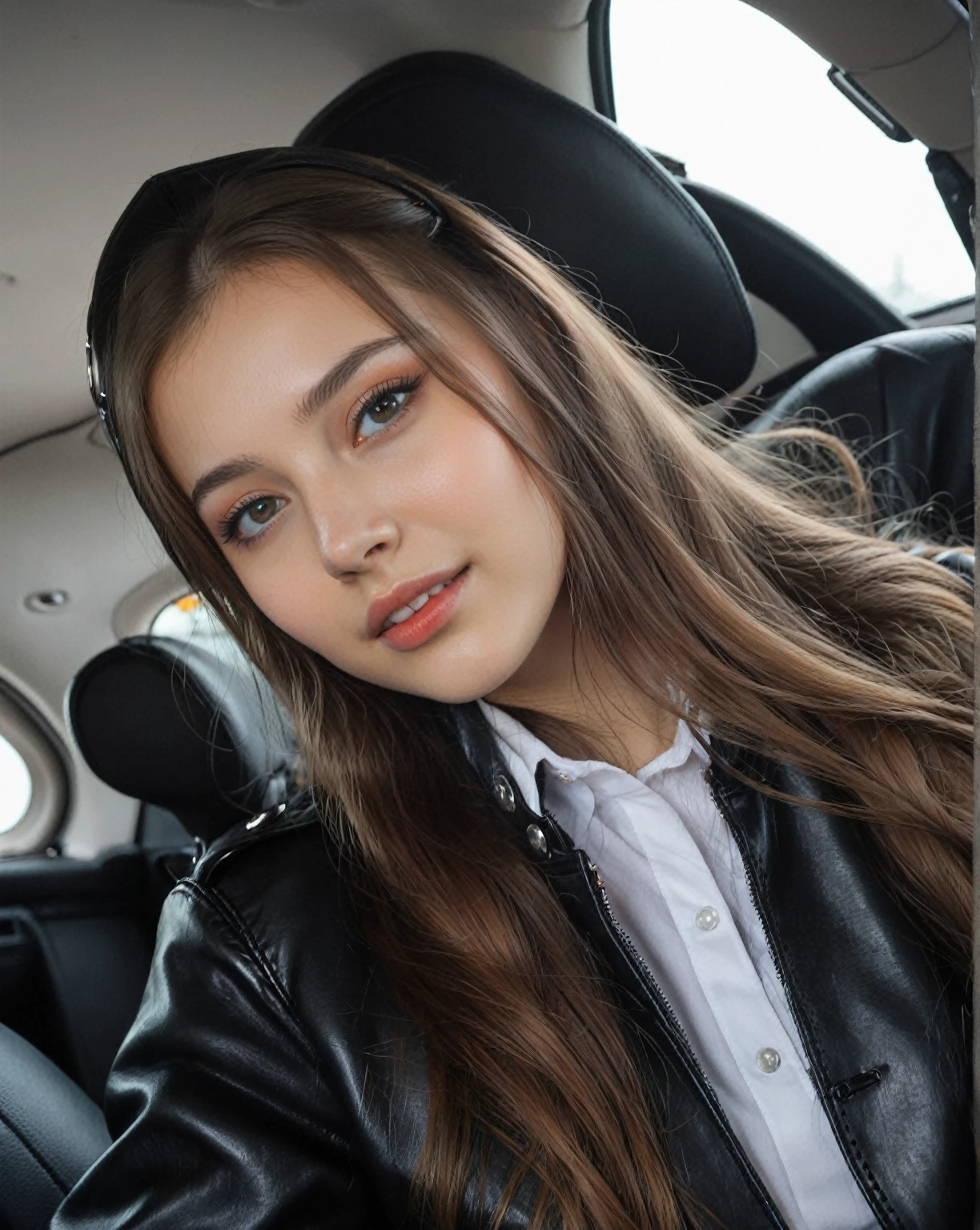 Arafed woman in a car with long hair and a leather jacket., 18 years, 19 year old girl, 16 years old, Anna Nikonova aka Newmilky, attractive girl, russian bride, good young girl, Portrait Sophie Mudd, angelablanca, Dasha Taran, Angelina Stroganova, Anastasia Ovchinnikova