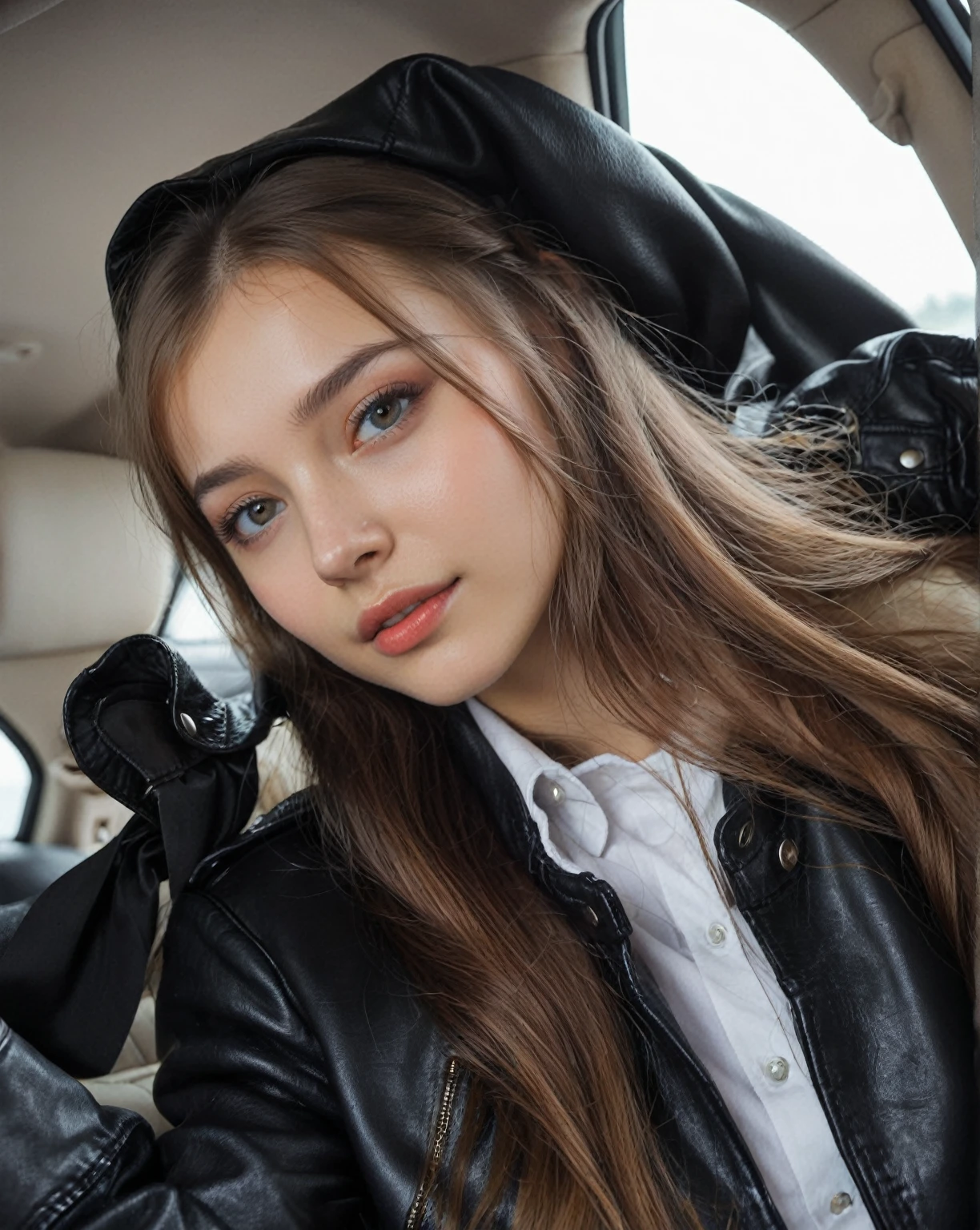 Arafed woman in a car with long hair and a leather jacket., 18 years, 19 year old girl, , Anna Nikonova aka Newmilky, attractive girl, russian bride, good young girl, Portrait Sophie Mudd, angelablanca, Dasha Taran, Angelina Stroganova, Anastasia Ovchinnikova