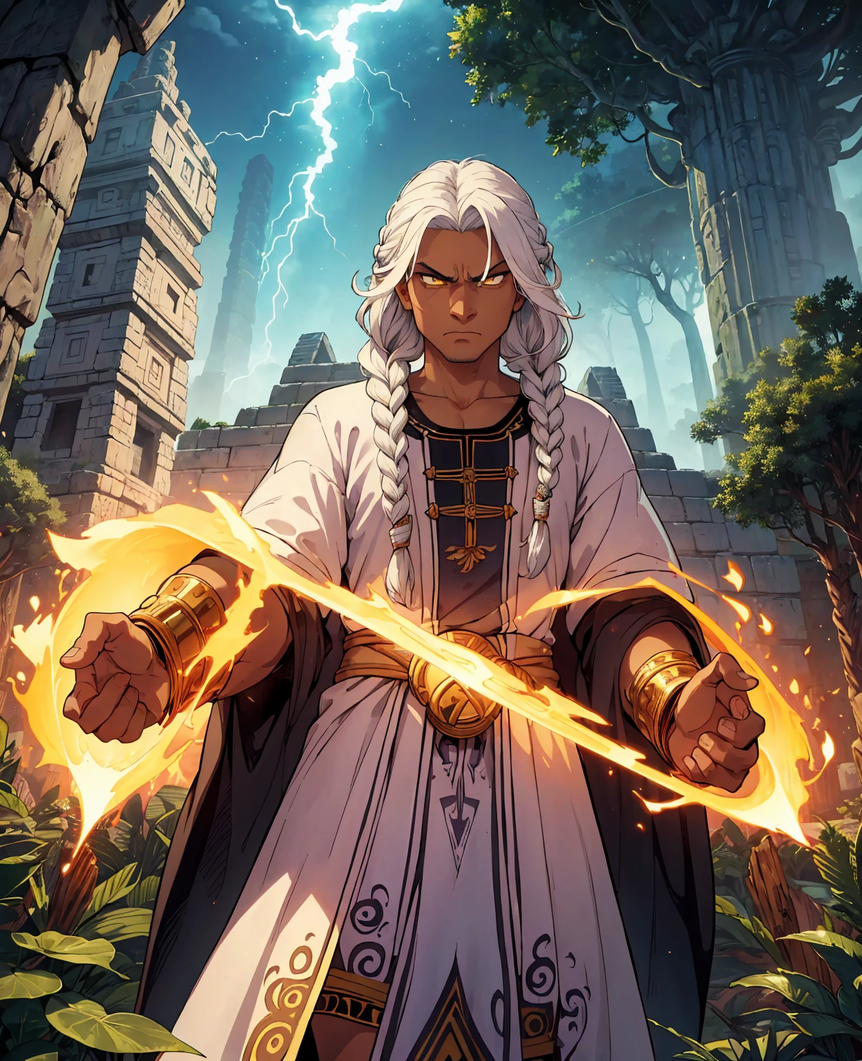 (masterpiece, best quality, ultra-detailed, best shadow), (detailed background, cowboy shot, sky, lightning bolt, maya civilization, mayan pyramid, forest, jungle, looking at viewer, serious, angry), (detailed face, masculine features, strong jawline), (best illumination), ((cinematic light)), colorful, hyper detail, dramatic light, intricate details, (man named Caelumon, Mayan, dark-skinned male, white hair, yellow eyes, white hair, braid, mayan clothes, god )