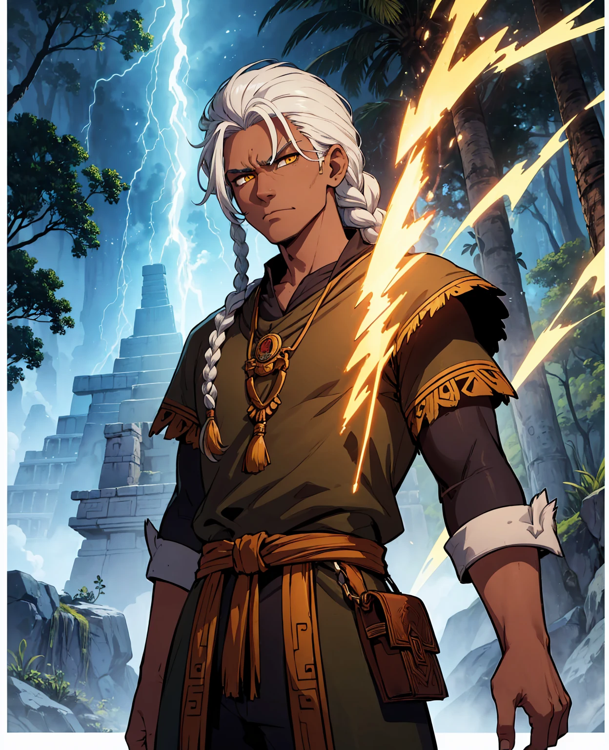 (masterpiece, best quality, ultra-detailed, best shadow), (detailed background, cowboy shot, sky, lightning bolt, maya civilization, mayan pyramid, forest, jungle, looking at viewer, serious, angry), (detailed face, masculine features, strong jawline), (best illumination), ((cinematic light)), colorful, hyper detail, dramatic light, intricate details, (man named Caelumon, Mayan, dark-skinned male, white hair, yellow eyes, white hair, braid, mayan clothes, god )