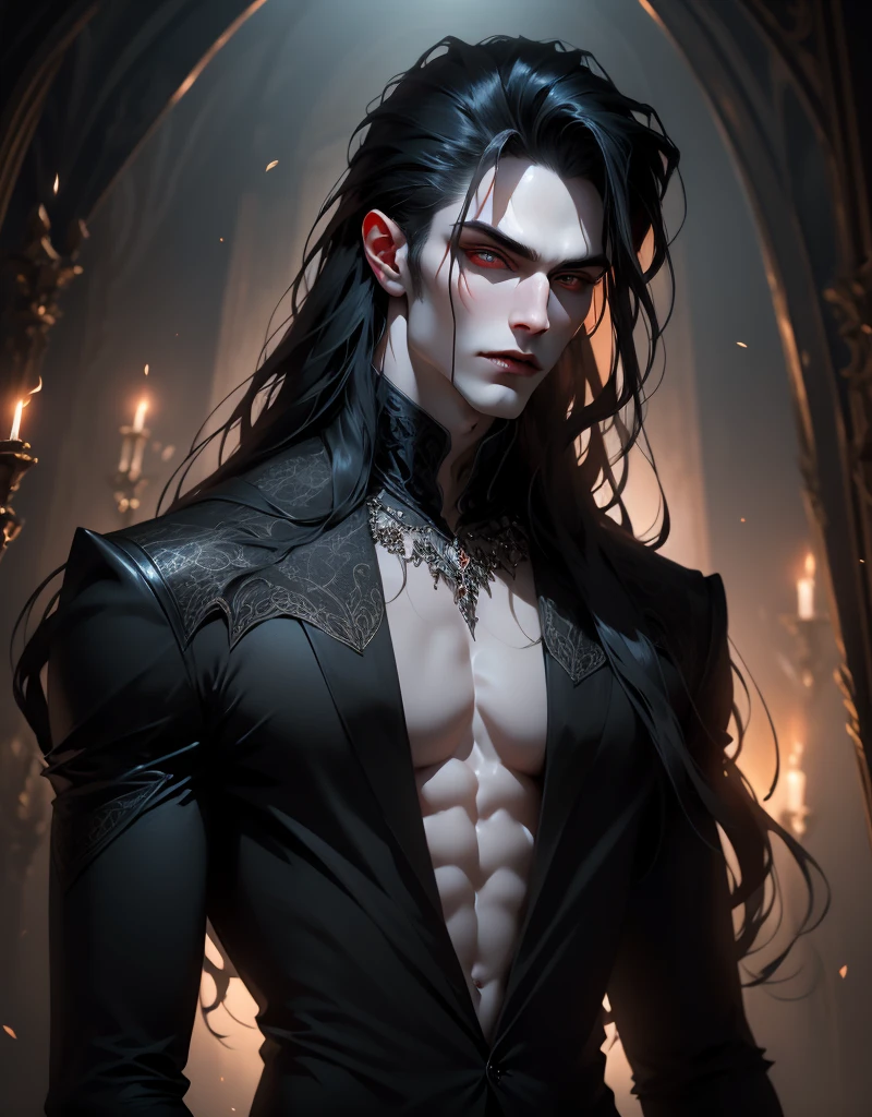 {anatomy}(Masterpiece - Ultra-detailed, very high resolution) Prepare to be enchanted by a true masterpiece that combines ultra-detailed art with high-resolution rendering. This work portrays a vampire man with long black hair (1.3) and captivating golden eyes (1.2), emanating an aura of mystery in decadent settings. The intricate details and realistic textures invite you to explore every aspect of this enchanting composition. Vampire man wearing black. Serious expressions. Pale skin like a vampire.