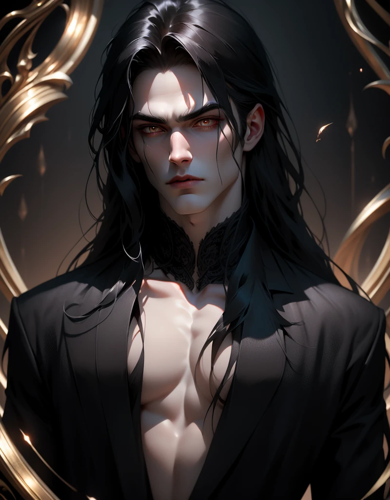 {anatomy}(Masterpiece - Ultra-detailed, very high resolution) Prepare to be enchanted by a true masterpiece that combines ultra-detailed art with high-resolution rendering. This work portrays a vampire man with long black hair (1.3) and captivating golden eyes (1.2), emanating an aura of mystery in decadent settings. The intricate details and realistic textures invite you to explore every aspect of this enchanting composition. Vampire man wearing black. Serious expressions. Pale skin like a vampire.