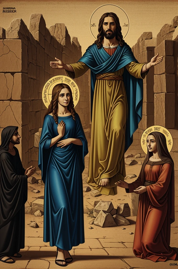 Viñeta 20: Burial and resurrection: Jesus resurrects, appearing to Mary Magdalene with an expression of amazement and joy.

comic style