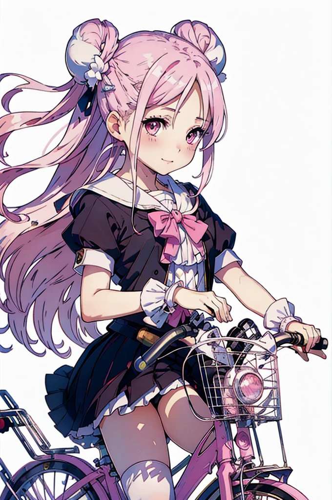 masterpiece, (((Highest quality))), (((High resolution))), {Detailed and beautiful eyes}, finely, Detailed and beautiful eyes,1 Girl, (Hair Ribbon:0.4), Pink Eyes,(((White bun hair))),(((Long pink hair))),(((ride a bicycle))), smile,Kunimi Tama,