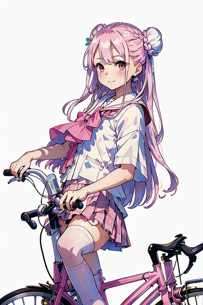 masterpiece, (((Highest quality))), (((High resolution))), {Detailed and beautiful eyes}, finely,  Detailed and beautiful eyes,1 Girl, (Hair Ribbon:0.4), Pink Eyes,(((White bun hair))),(((Long pink hair))),(((ride a bicycle))), smile,Kunimi Tama,