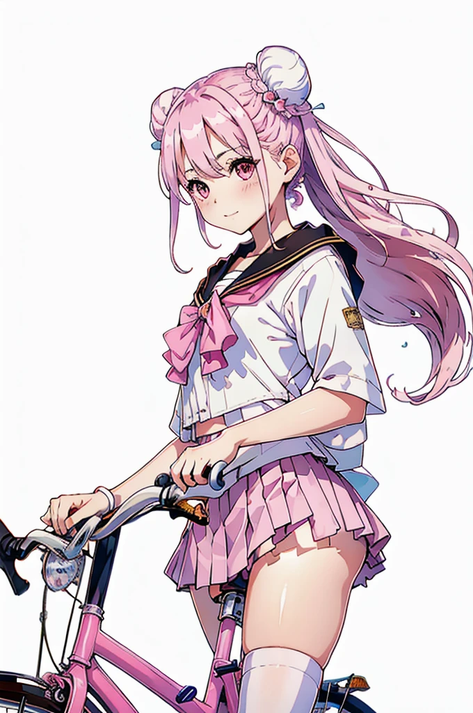 masterpiece, (((Highest quality))), (((High resolution))), {Detailed and beautiful eyes}, finely, Detailed and beautiful eyes,1 Girl, (Hair Ribbon:0.4), Pink Eyes,(((White bun hair))),(((Long pink hair))),(((ride a bicycle))), smile,Kunimi Tama,