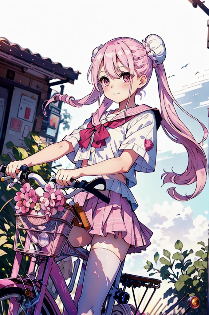 masterpiece, (((Highest quality))), (((High resolution))), {Detailed and beautiful eyes}, finely, Detailed and beautiful eyes,1 Girl, (Hair Ribbon:0.4), Pink Eyes,(((White bun hair))),(((Long pink hair))),(((ride a bicycle))), smile,Kunimi Tama,