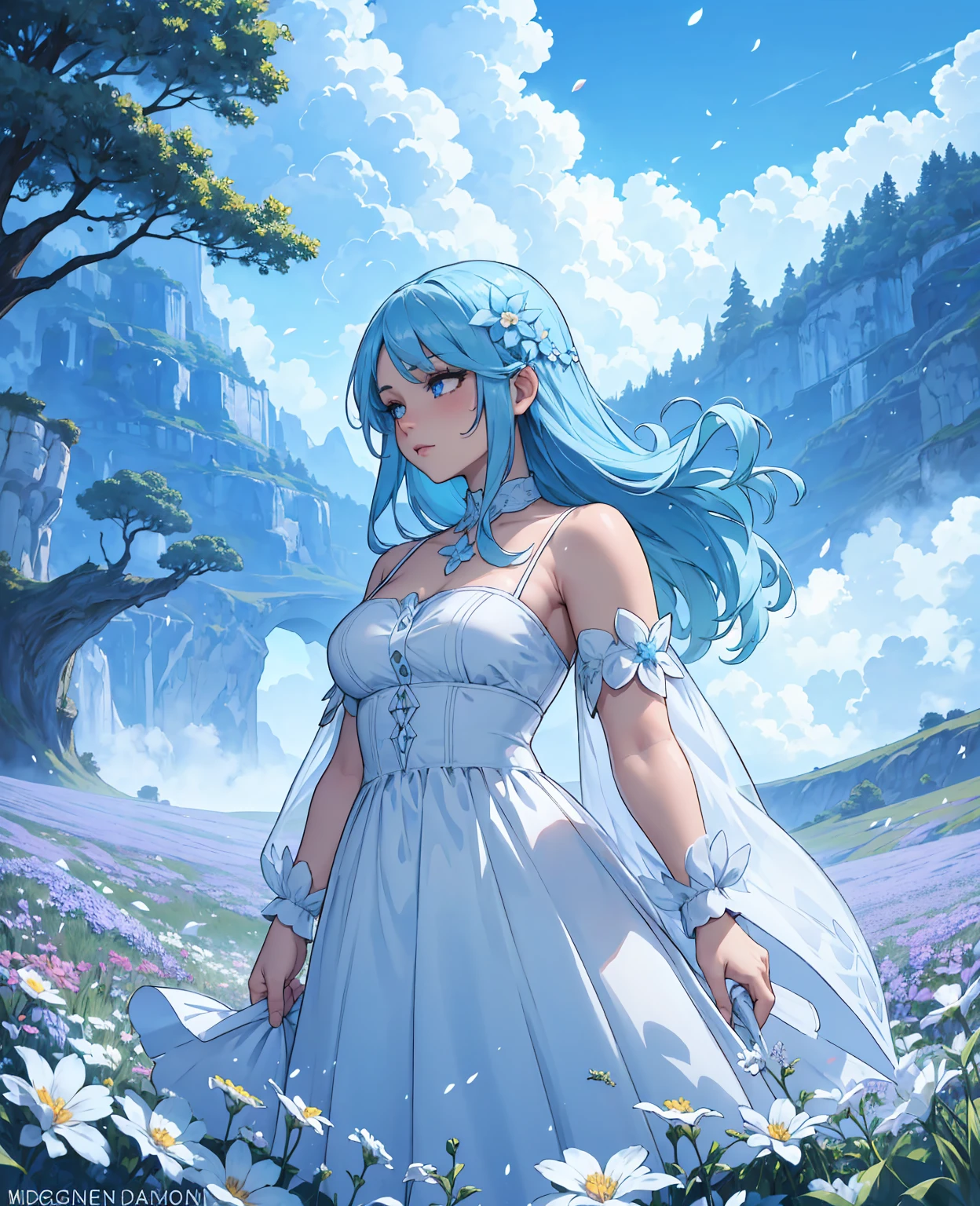 (absurdres, highres, ultra detailed, UHD, cinematic), solo, 1girl, mature, happy, girl standing in light blue flower field, light blue flower petal surrounding girl, full body, blue long hair girl, light blue hair, fantasy, dreamy, snowy, official art, pop art, profile, ultra detailed face, ultra detailed eyes, light blue flower field, ultra detailed field, white blue sky, cold, light blue, white, nebula in the sky, blue tree, watercolor, pastel color