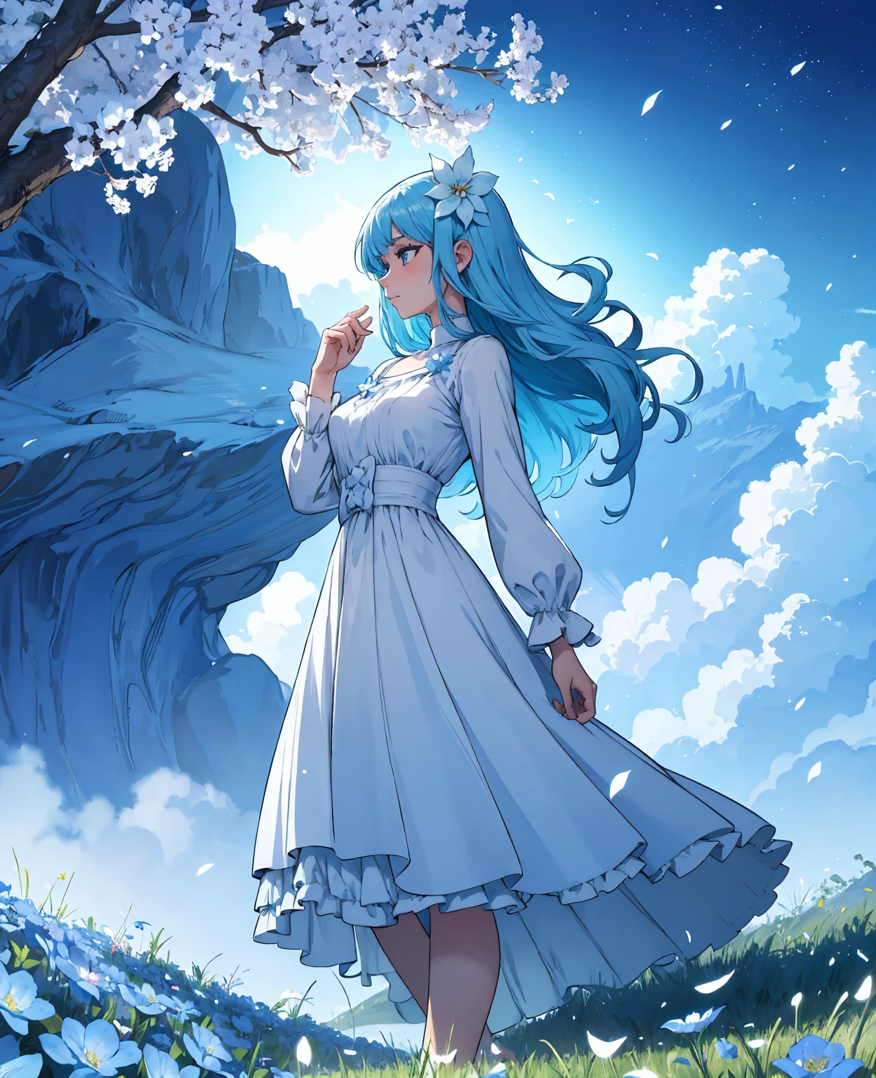 (absurdres, highres, ultra detailed, UHD, cinematic), solo, 1girl, mature, happy, girl standing in light blue flower field, light blue flower petal surrounding girl, full body, blue long hair girl, light blue hair, fantasy, dreamy, snowy, official art, pop art, profile, ultra detailed face, ultra detailed eyes, light blue flower field, ultra detailed field, white blue sky, cold, light blue, white, nebula in the sky, blue tree, watercolor, pastel color