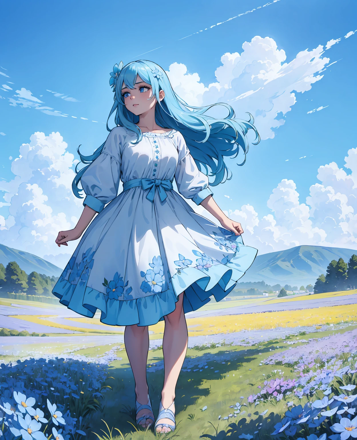 (absurdres, highres, ultra detailed, UHD, cinematic), solo, 1girl, mature, happy, girl standing in light blue flower field, light blue flower petal surrounding girl, full body, blue long hair girl, light blue hair, fantasy, dreamy, snowy, official art, pop art, profile, ultra detailed face, ultra detailed eyes, light blue flower field, ultra detailed field, white blue sky, cold, light blue, white, nebula in the sky, blue tree, watercolor, pastel color