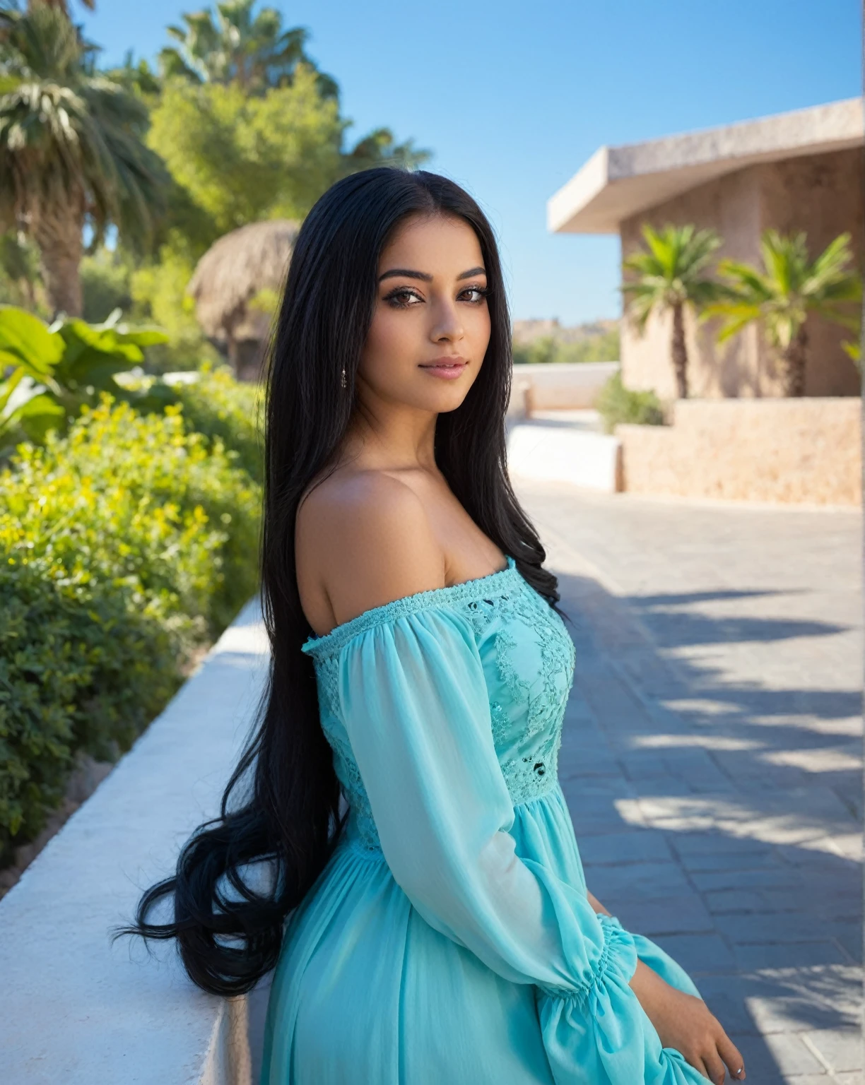 A woman in a blue dress posing for a photo, Beautiful Mexican woman, portrait of Medium pink, Medium pink, portrait Medium pink, Violet Myers, clear portrait of Medium pink, young woman with long dark hair, female with long black hair, Taweel-tanned Ameera, beautiful iranian woman, with long black hair, beautiful pretty young, Alanis Guillén
