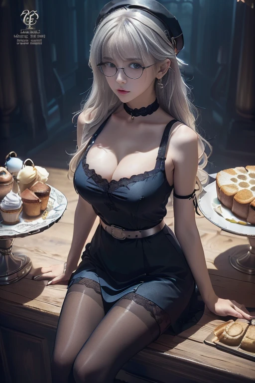 (perky chest:1.2), (pointed chest:1.2),(icecream magazine cover:1.3),(from above:1.2),(shoot from the side:1.1),(((Black Tunic:1.3))),(((cakes and bread in the basket),a 23yo Cute and beautiful girl,masterpiece、highest quality、Very detailed、Beautiful fine details、Detailed landscape、Braided Ponytail、Red camisole、((B cup breasts, Tank top showing underboob:1.0)), thigh strap, bangs, necktie, earrings, nail polish, fishnet pantyhose, silver hair, looking at viewer, full body, bottle, own hands together, belt, food, ring, choker, english text paper:1.2, collared shirt, blue eyes, hat,lace-up boots ,