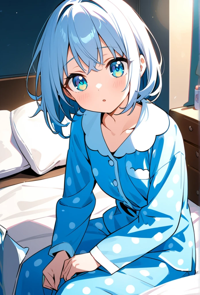 You are a professional illustrator。Please carefully check and draw the illustration according to the following conditions.、Morning Situation、A girl is sitting on her bed, gazing sleepily at the camera.、Delicate anime face、Big clear eyes、In pajamas、