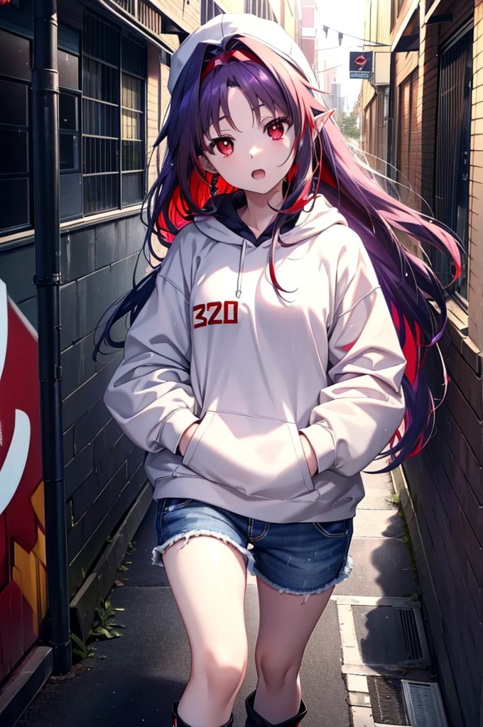 yuukikonno, Konno Yuuki, Long Hair, Pointed Ears, Purple Hair, (Red eyes:1.5), (Small breasts:1.2), Open your mouth,Baseball hats,Oversized purple hoodie,jeans,Thick hem,boots,Walking,Graffiti wall,Daytime,Clear skies,Both hands are in the pockets of the hoodie、whole bodyがイラストに入るように,
break looking at viewer, whole body,
break outdoors, Alley,
break (masterpiece:1.2), Highest quality, High resolution, unity 8k wallpaper, (figure:0.8), (Beautiful attention to detail:1.6), Highly detailed face, Perfect lighting, Highly detailed CG, (Perfect hands, Perfect Anatomy),