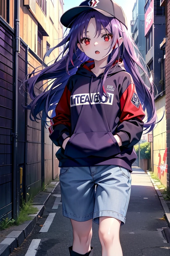 yuukikonno, Konno Yuuki, Long Hair, Pointed Ears, Purple Hair, (Red eyes:1.5), (Small breasts:1.2), Open your mouth,Baseball hats,Oversized purple hoodie,jeans,Thick hem,boots,Walking,Graffiti wall,Daytime,Clear skies,Both hands are in the pockets of the hoodie、whole bodyがイラストに入るように,
break looking at viewer, whole body,
break outdoors, Alley,
break (masterpiece:1.2), Highest quality, High resolution, unity 8k wallpaper, (figure:0.8), (Beautiful attention to detail:1.6), Highly detailed face, Perfect lighting, Highly detailed CG, (Perfect hands, Perfect Anatomy),