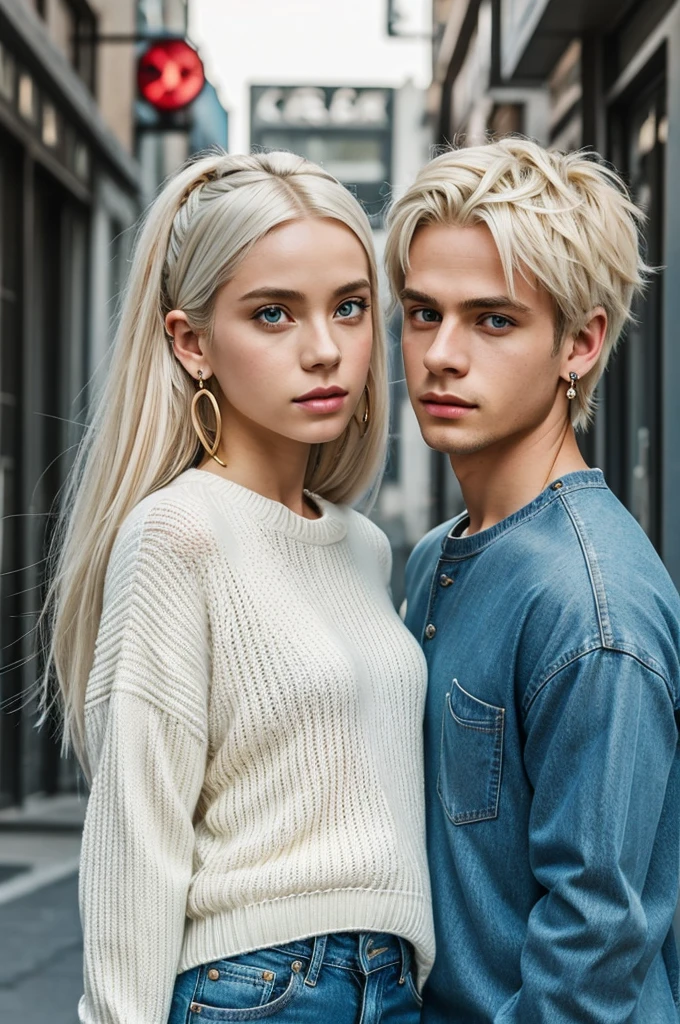 anime 80's you can see a young person with an androgynous appearance, with light skin and intense blue eyes. She has long platinum blonde hair, which falls naturally over her shoulders. He is wearing a white knitted sweater that is loose and torn in places, showing a relaxed and casual style. He is also wearing jeans that are torn at the knees. Several piercings stand out on her face: one in her lower lip and others in her ears, with long, thin earrings.