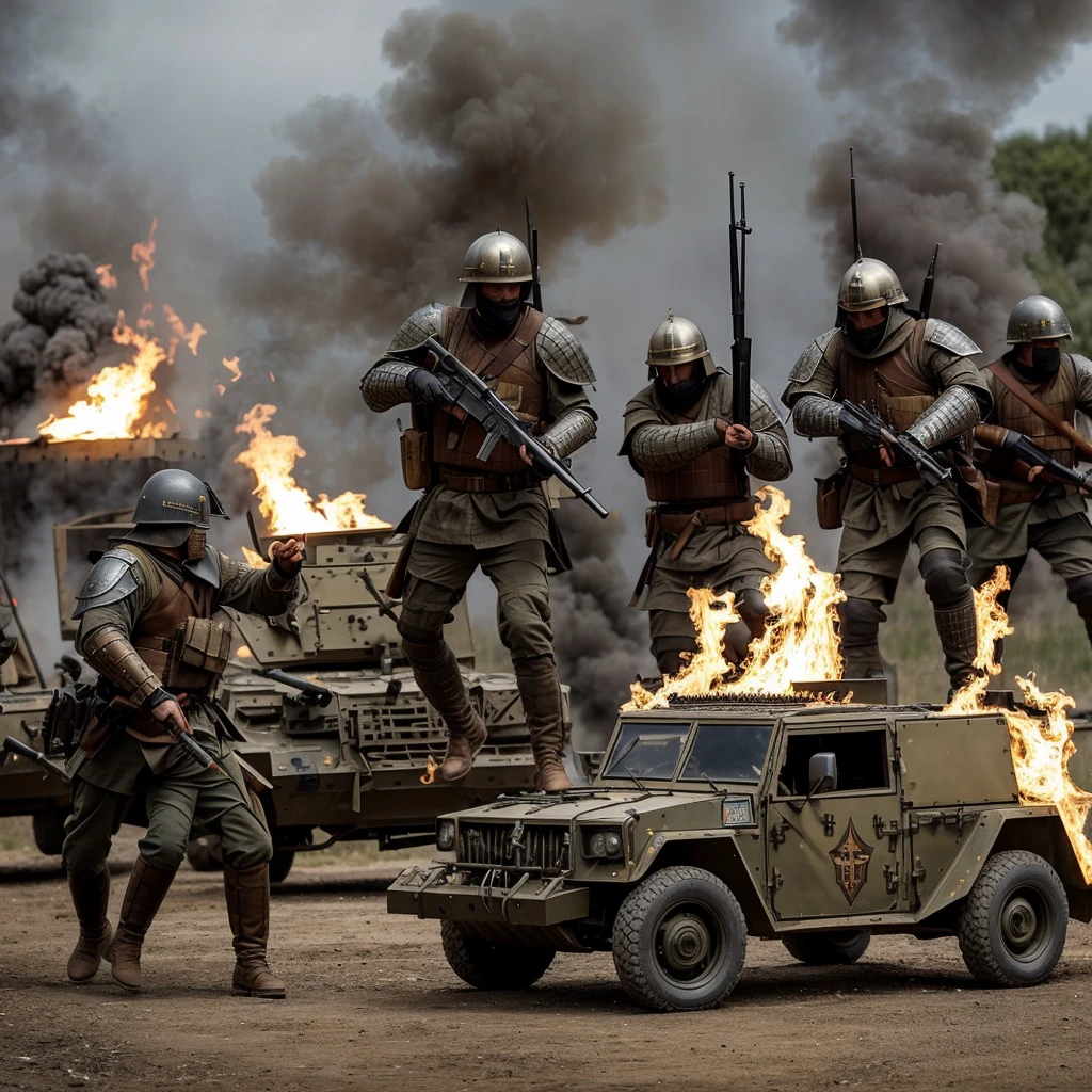 Medieval heavy armored paramilitary regiment with dancing flames,shotguns, Precision rifles and medieval weapons with gunto artillery esculos and vehicles