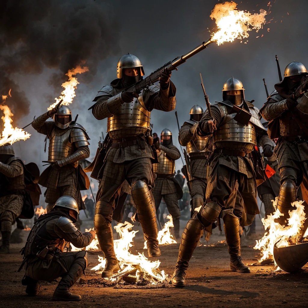 Medieval heavy armored paramilitary regiment with dancing flames,shotguns, Precision rifles and medieval weapons with gunto artillery esculos and vehicles